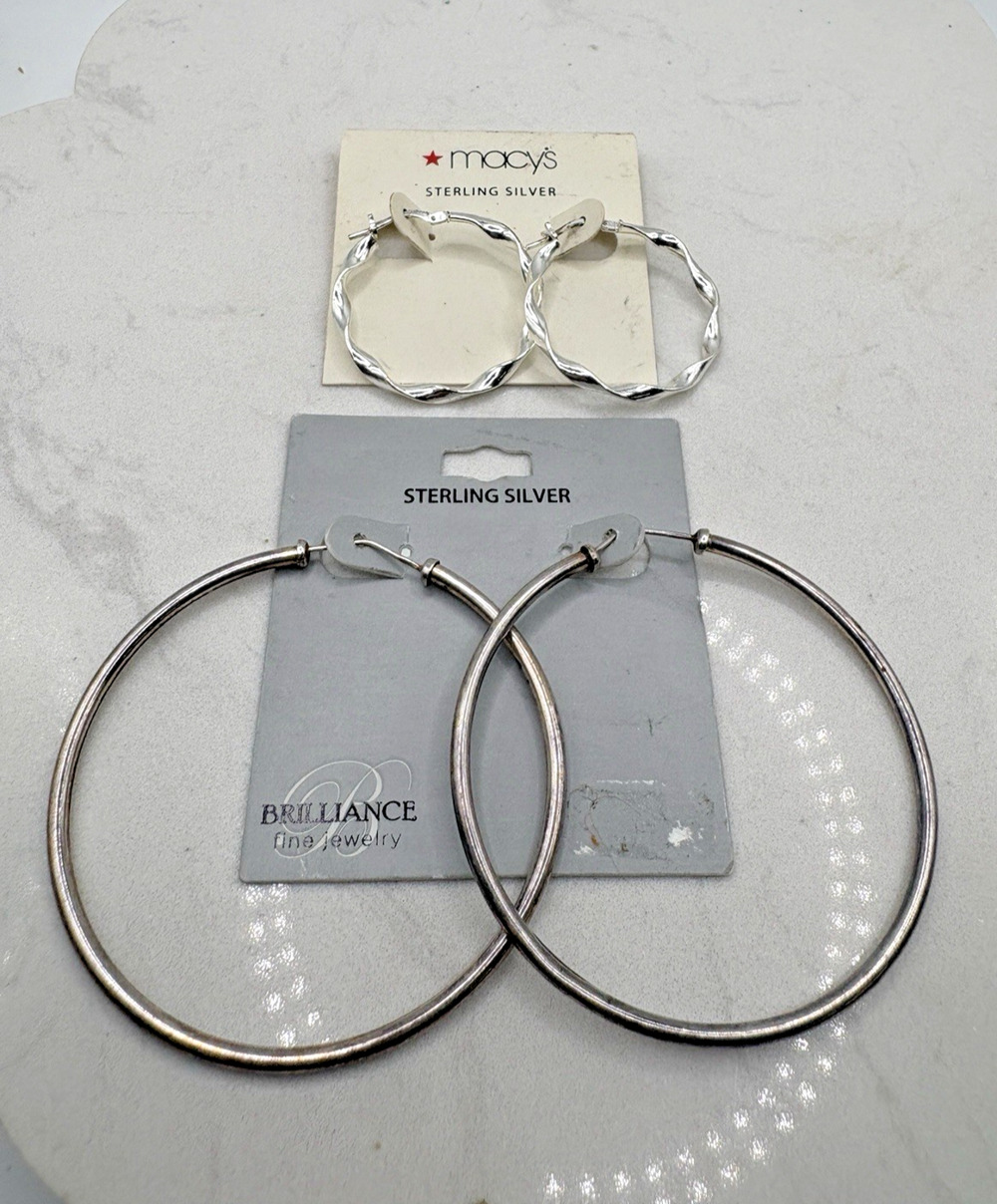 Two sets Sterling Silver Hoop Earrings Macy's Brilliance Twisted 1" 2.25" 7.74g